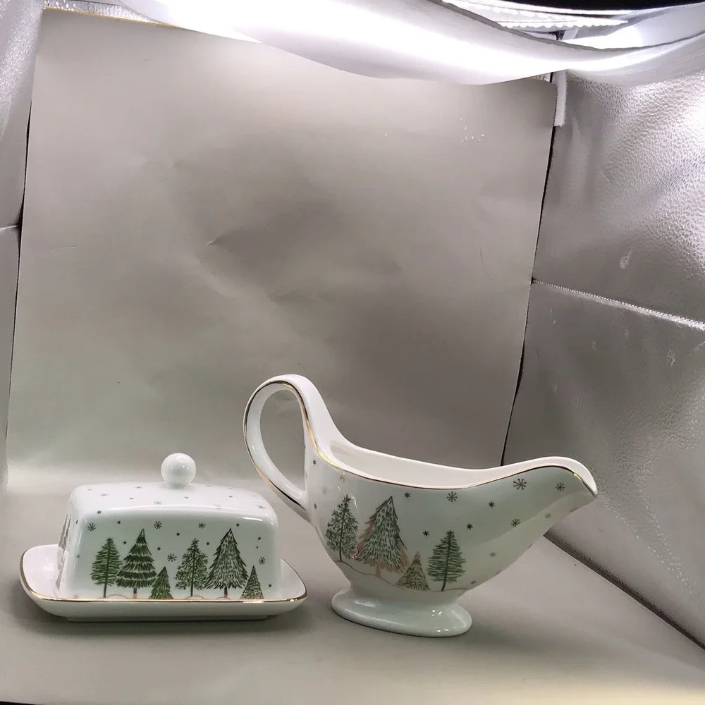 Grace Teaware Porcelain Butter Dish And Gravy Boat Trees And Snow And Gold Trim - Picture 7 of 16
